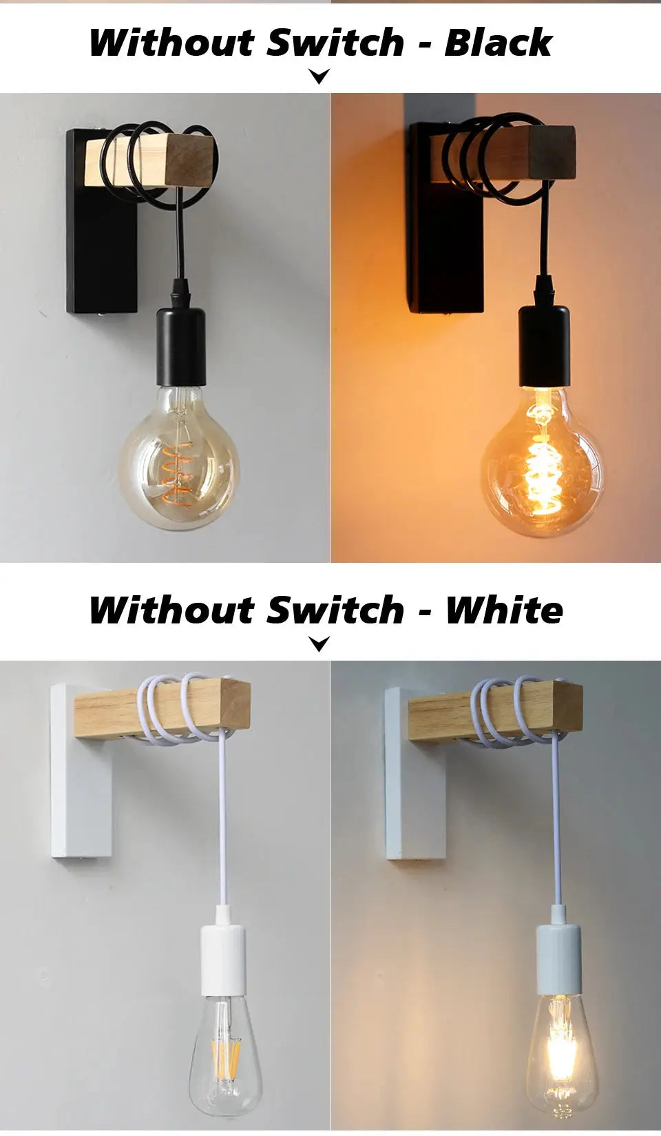 Set of 4 wall lights with E27 bulb; black iron mount with wood accent and white cord versions