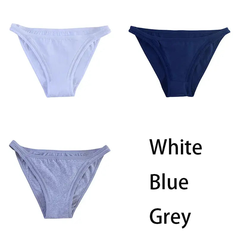 3-pack women's cotton bikini panties in white, blue, grey