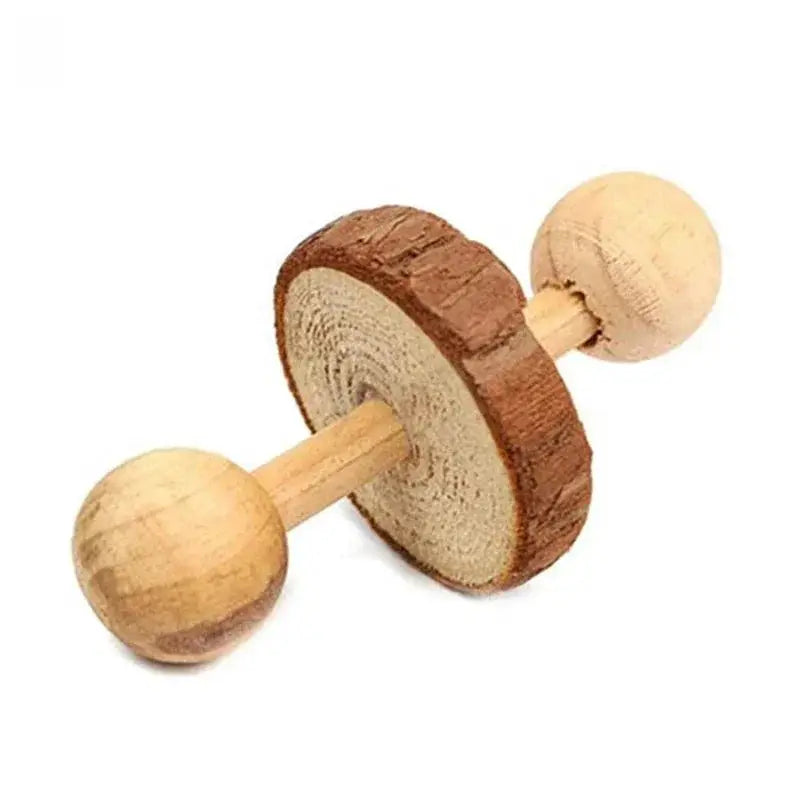 Wooden dumbbell chew toy for small pets, natural pine with two round ends