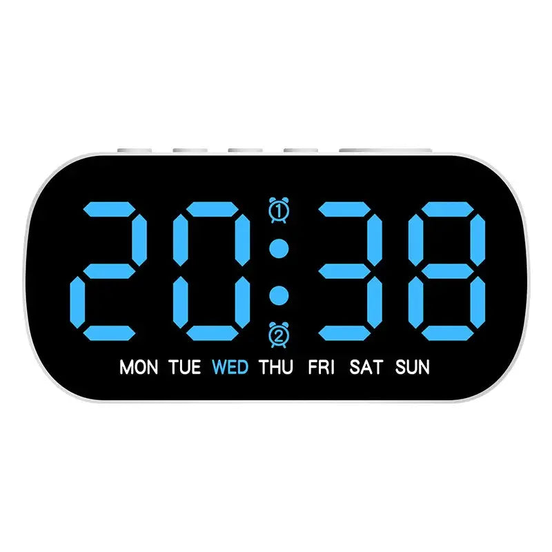 Simples Market digital alarm clock with blue LED display, USB powered, date and weekday indicators, dual alarm