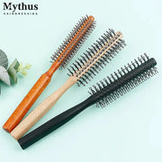 Wooden-handle nylon-teeth circular hair brush set, 3-piece in orange-brown, natural wood, and black