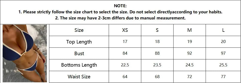Two-piece navy bikini with color-blocked beige edges and tie-side, cross-back; size chart shown