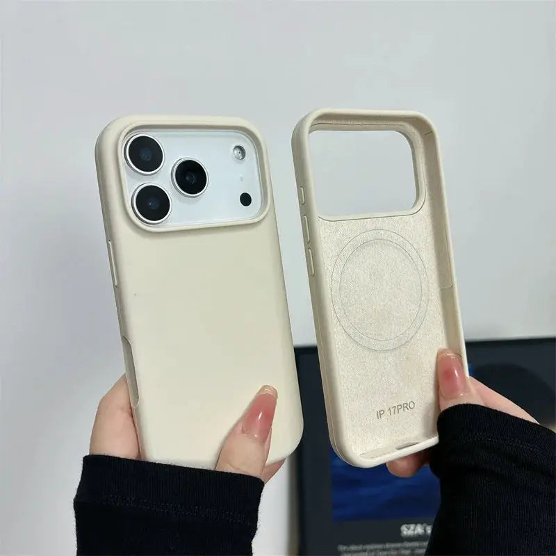 Two beige magnetic liquid silicone iPhone 17 cases with MagSafe, shockproof and camera hole cover