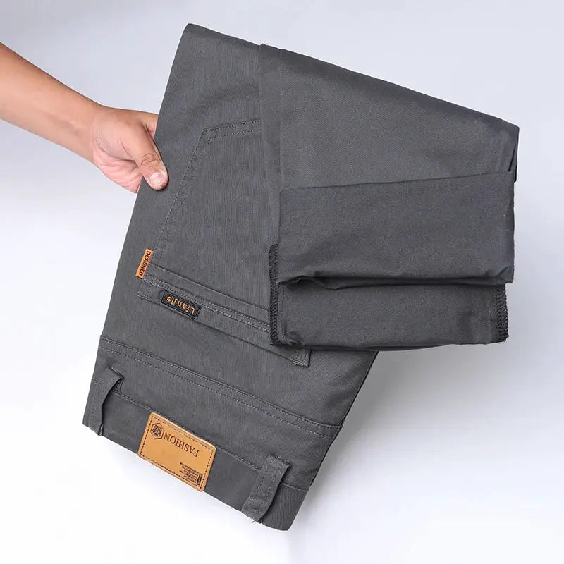 Simples Market men's gray cotton casual pants, slim straight fit with brown leather patch
