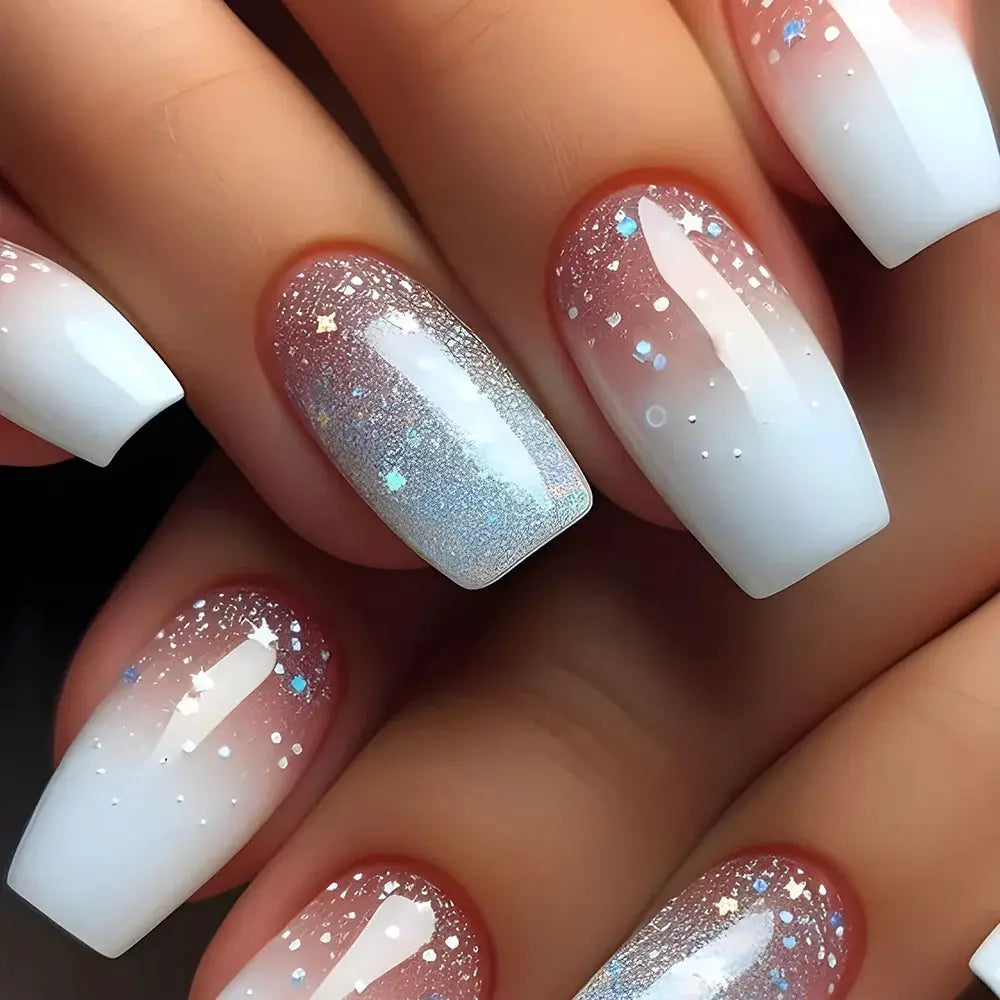 GlamNail Pro 24Pcs Short Square Coffin Press On Nails Set With Glue French Glitter Ballet Style