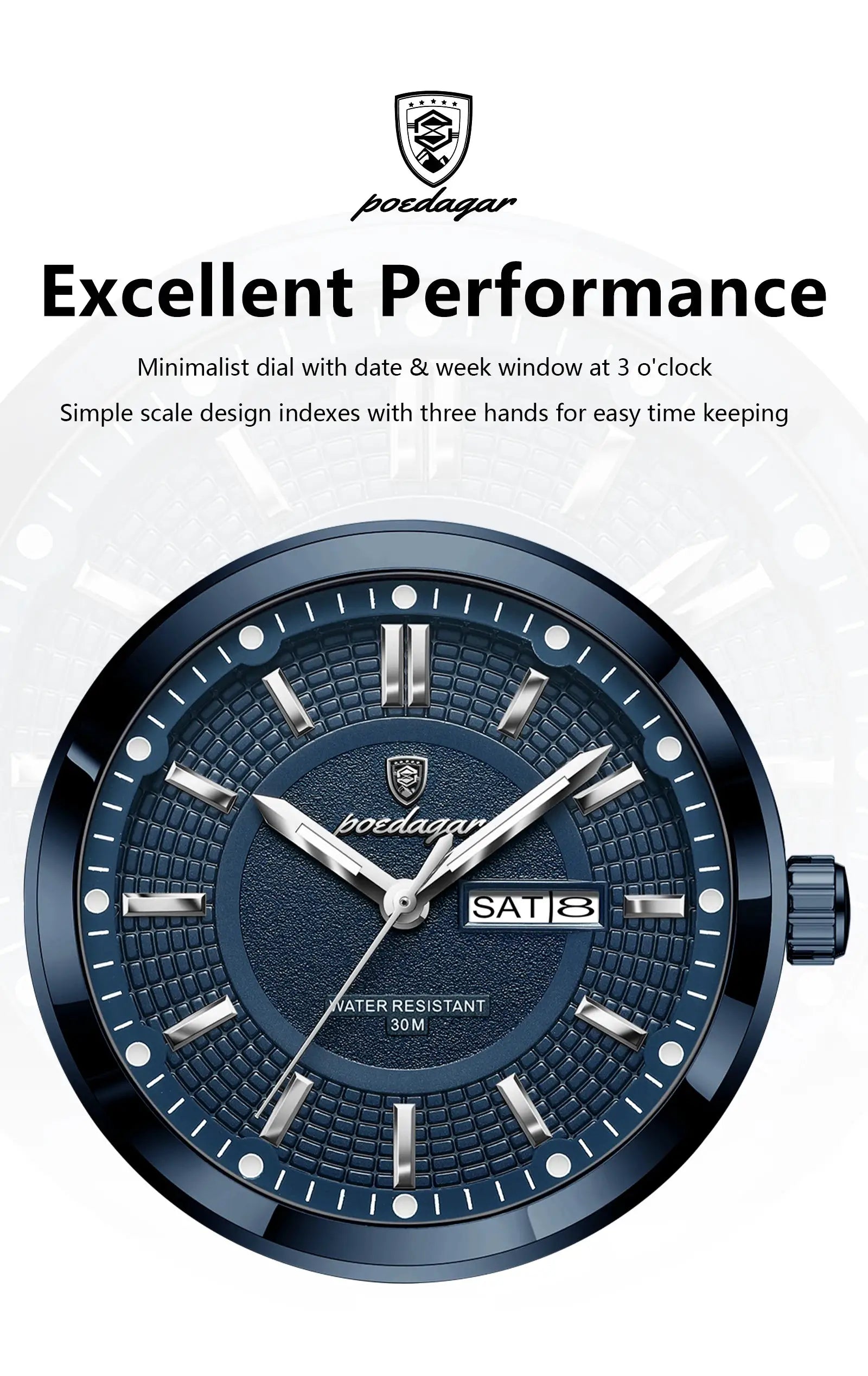 POEDAGAR sport men's wristwatch with blue stainless steel dial, date & day window, 30m water resistant