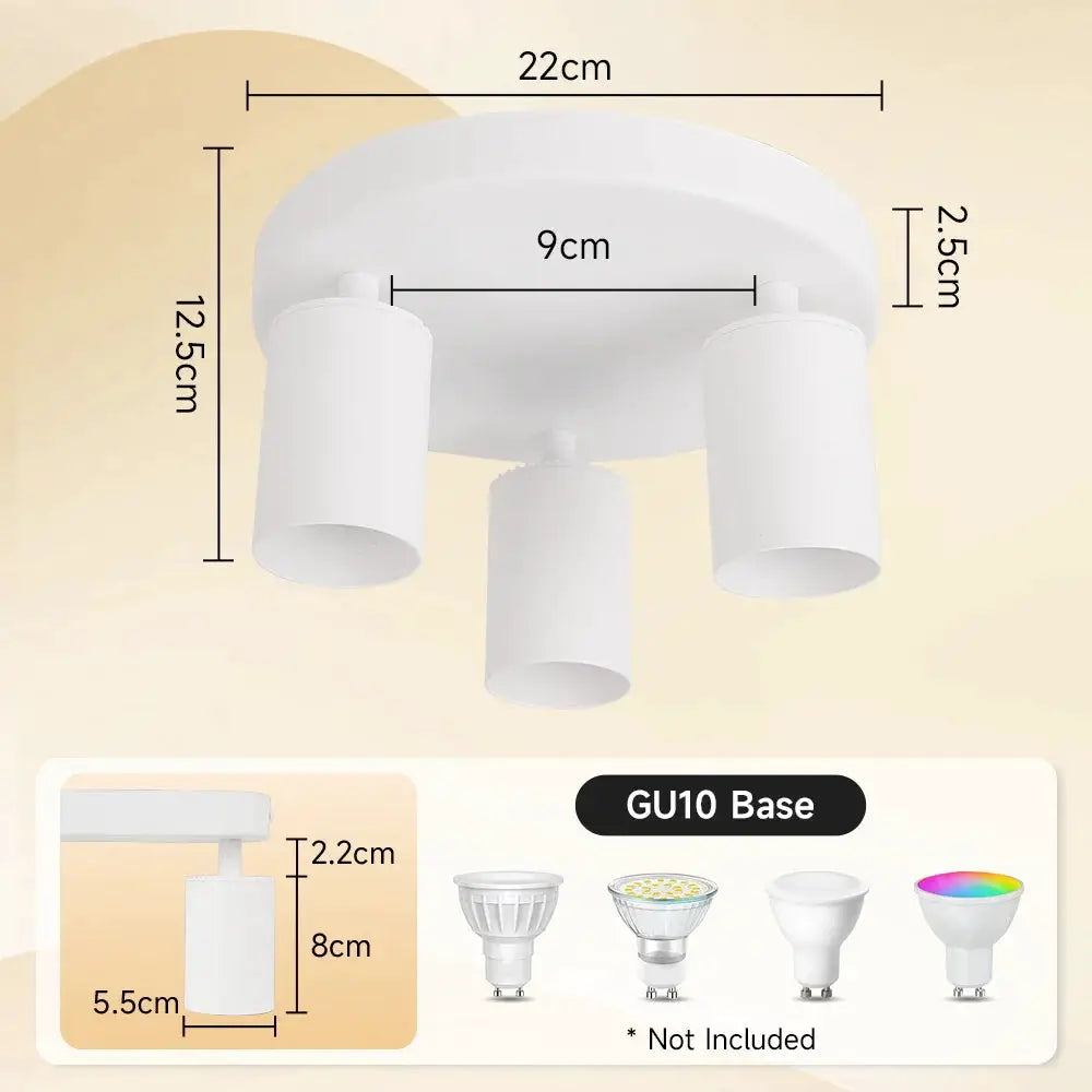 Modern GU10 LED ceiling spotlight by Simples Market with three adjustable white cylindrical lamps; bulbs not included.