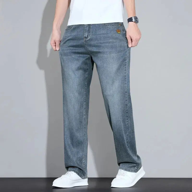 Lyocell Ice Silk jeans for men in blue denim, straight casual trousers