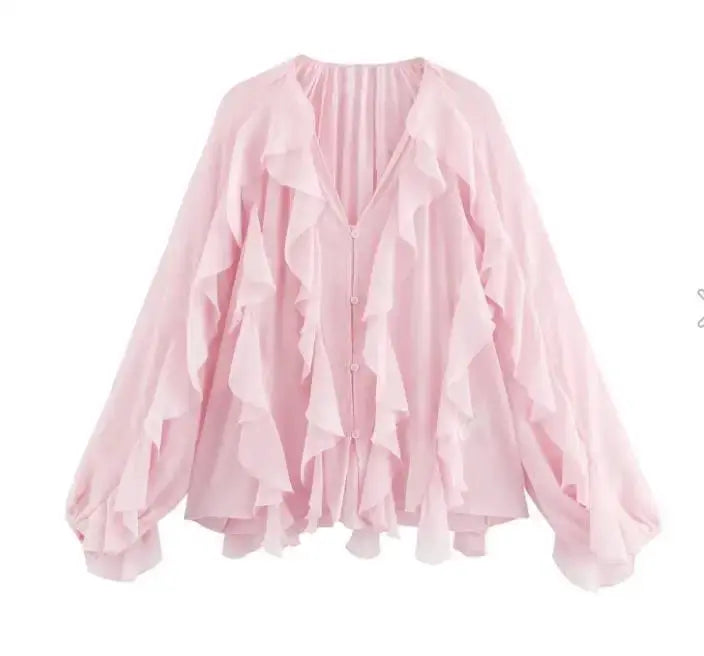 Pink women's ruffled blouse with cascading layers, V-neck and long puff sleeves