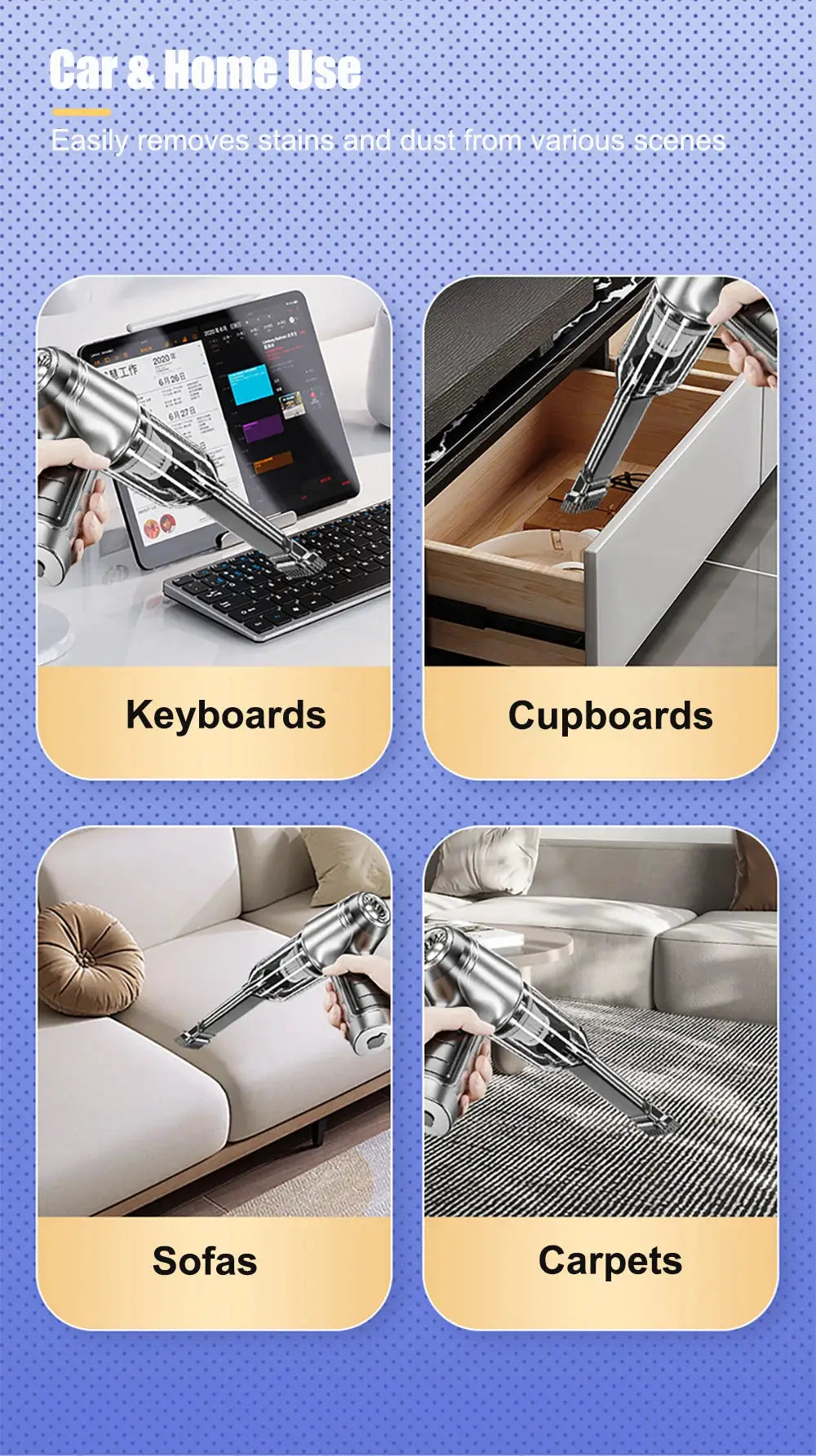 Car vacuum cleaner wireless 95000PA handheld 2in1 blower by Simples Market shown on keyboard cupboards sofas carpets