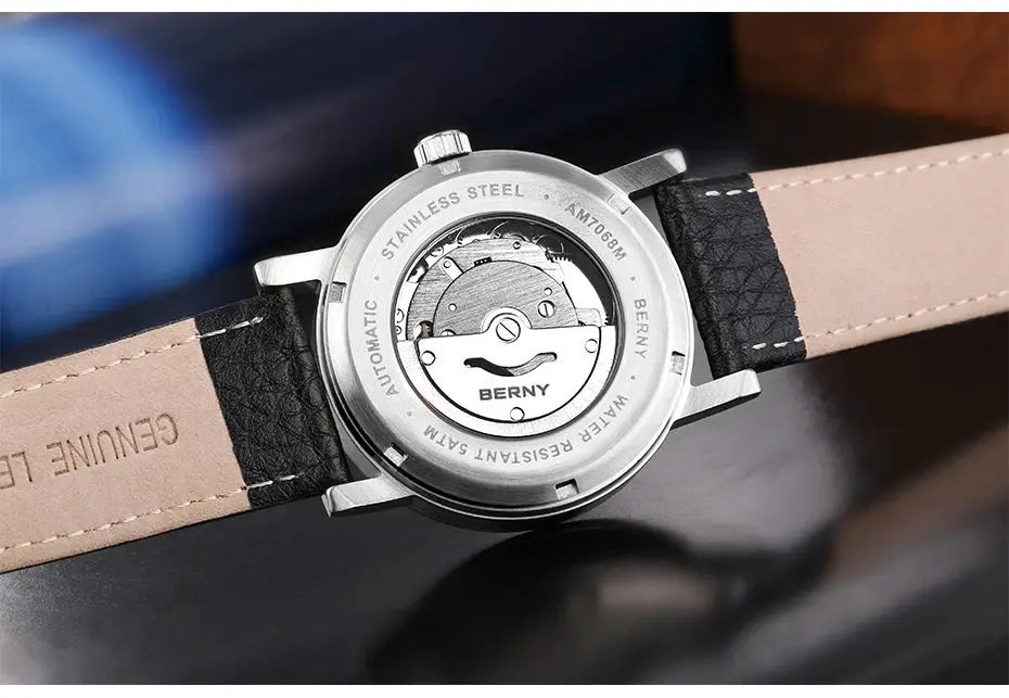 BERNY men's automatic wristwatch with stainless steel case back and a two-tone beige and black leather strap