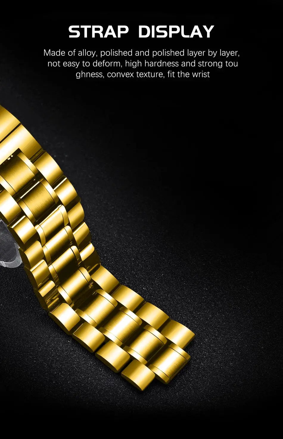 Men's gold stainless steel watch band with polished links