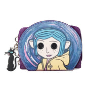 Caroline Sweet cartoon coin purse by Simples Market; a purple-trimmed mini wallet with a blue-haired girl design