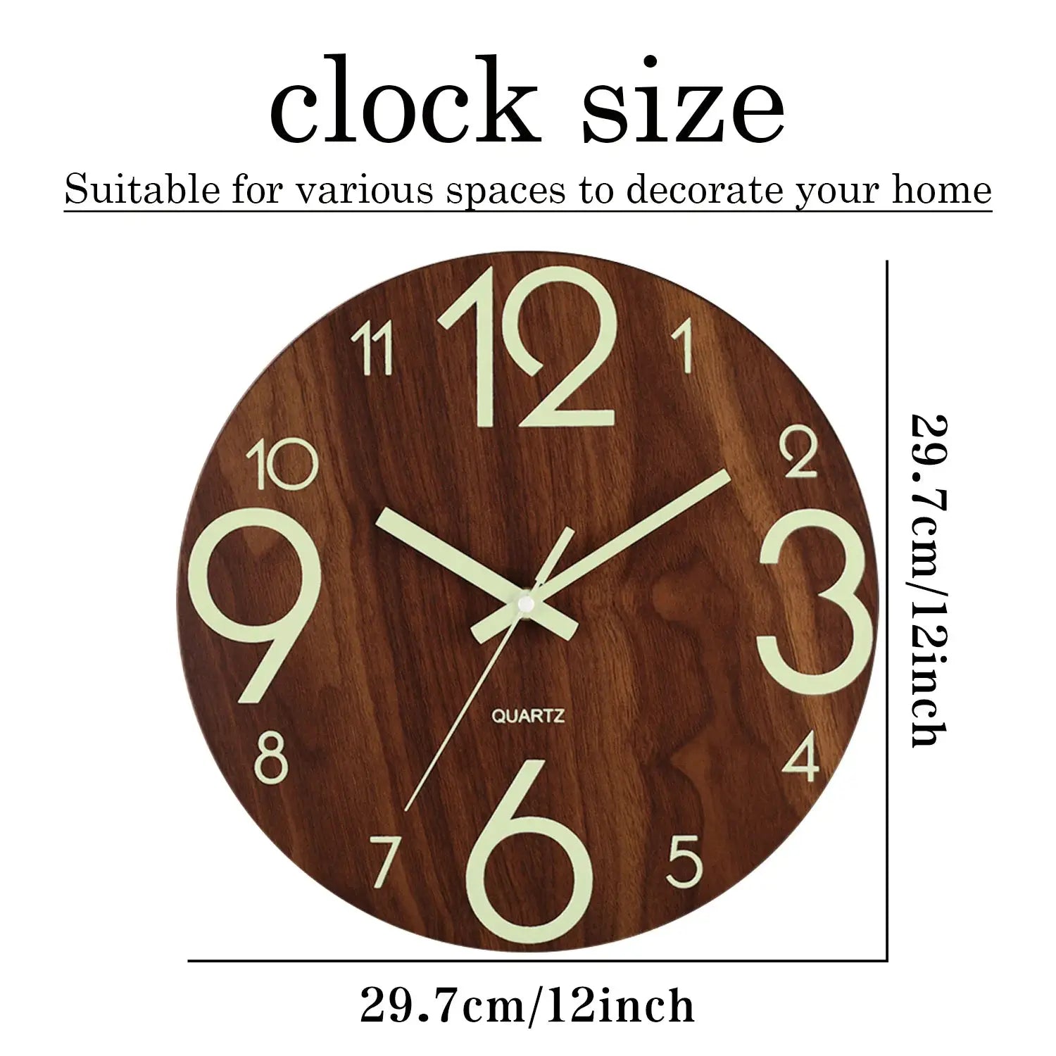 12-inch wooden wall clock with luminous numerals, silent movement and built-in night light