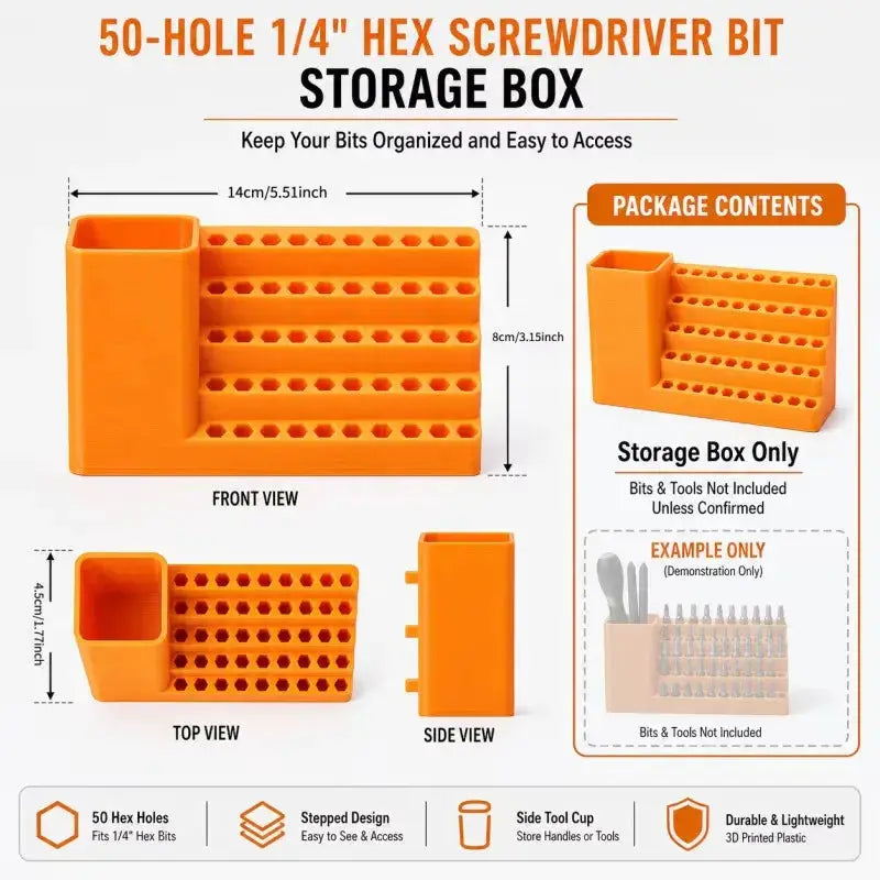 Rafford 50-Hole 1/4in Hex Bit Holder storage rack in orange by Simples Market