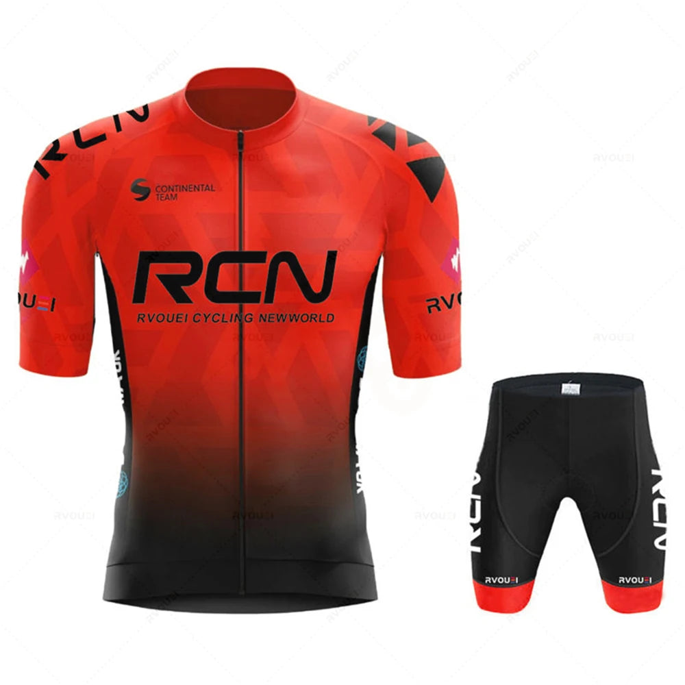 Rvouei cycling jersey set with red-to-black gradient and matching black shorts with red cuffs