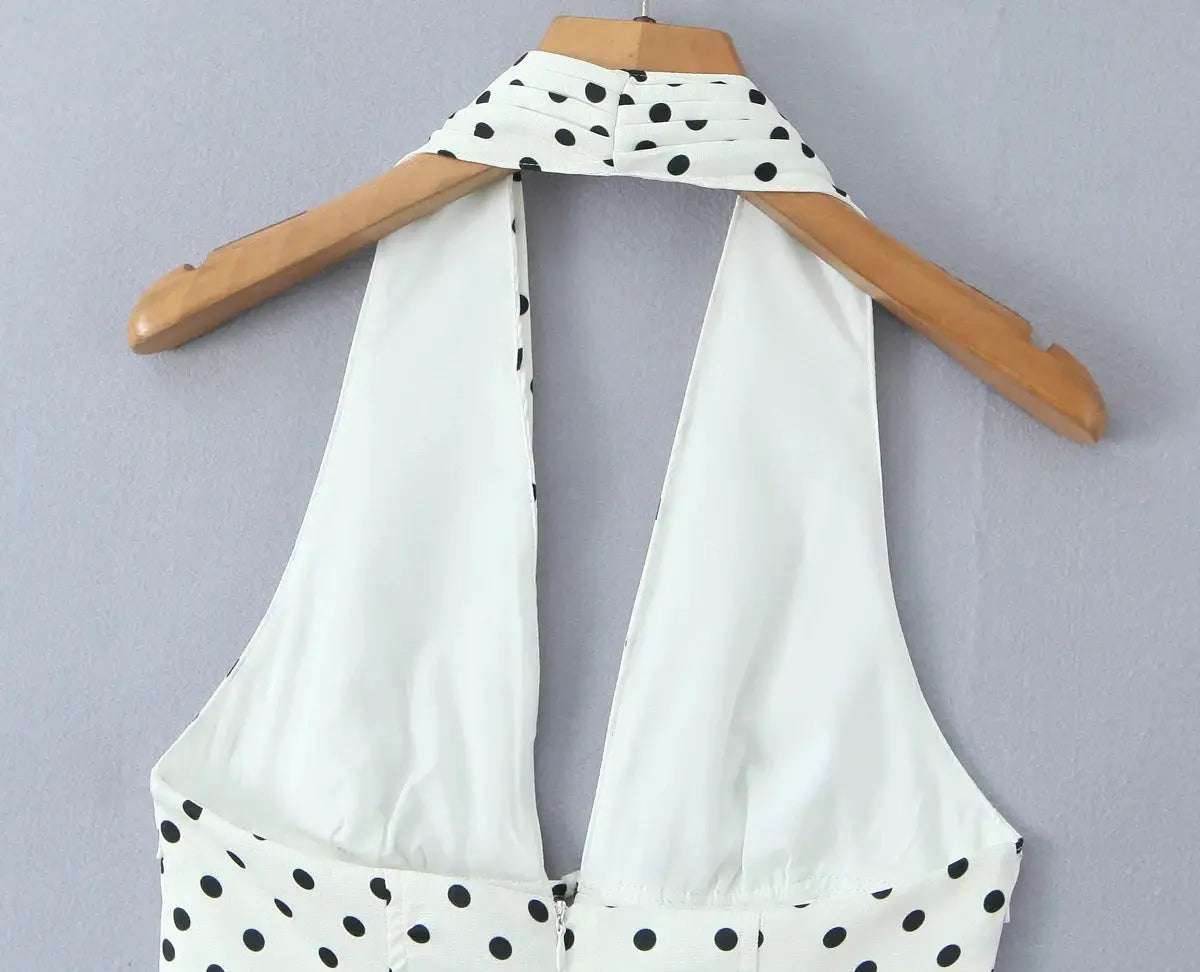 Yenkye French Style Retro Polka Dot Halter Dress Women Backless A Line