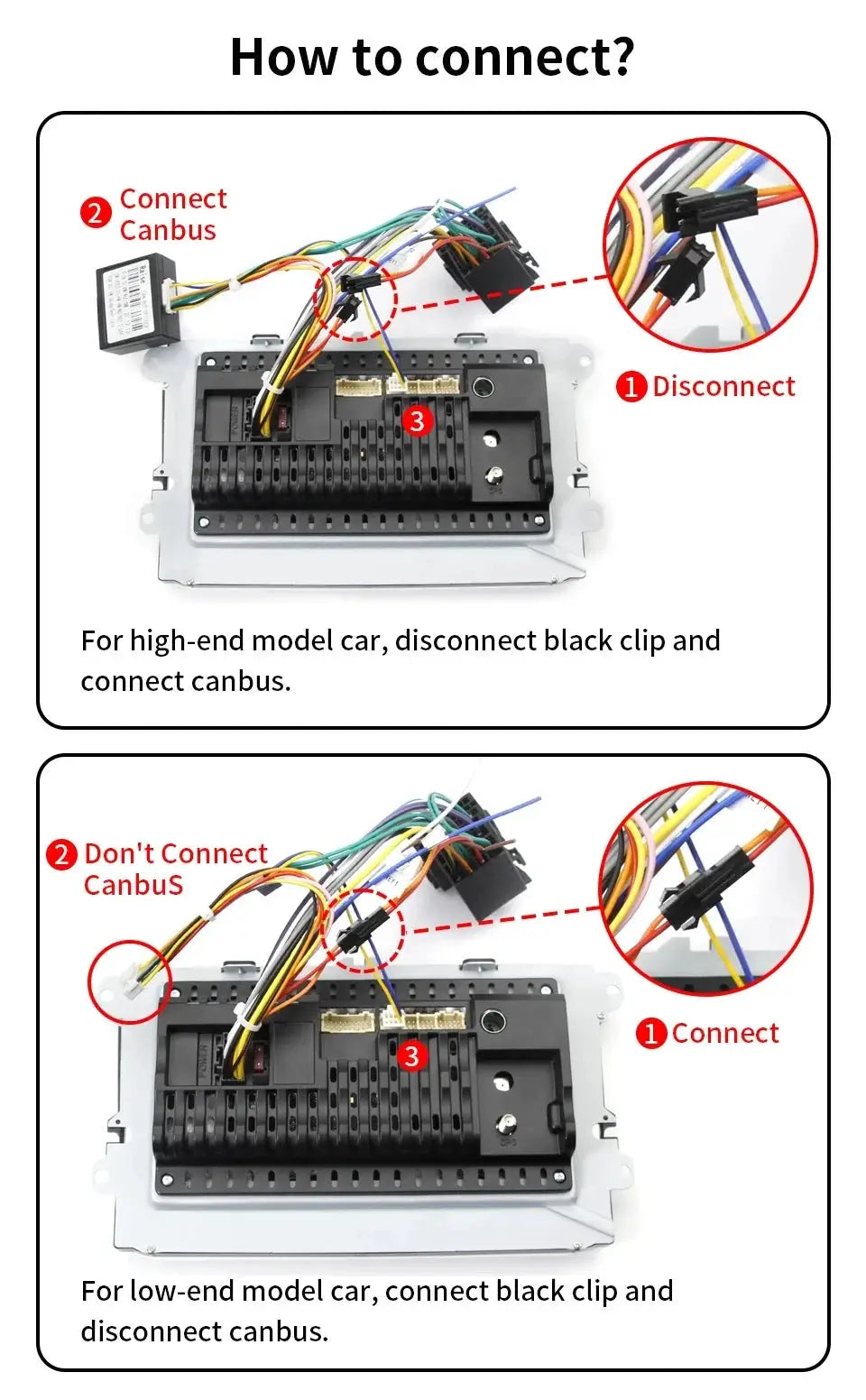2Din Car Radio Android wiring diagram by Simples Market; two-panel canbus steps for high- and low-end vehicles.