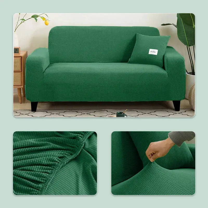 Elastic Jacquard sofa cover in green for 1–5 seater sofas by Simples Market, textured knit slipcover.