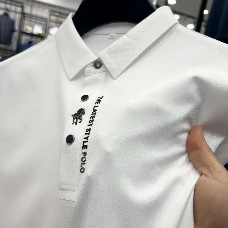 White polo shirt with black placket buttons and vertical embroidery THE LATEST STYLE POLO with a small horse logo