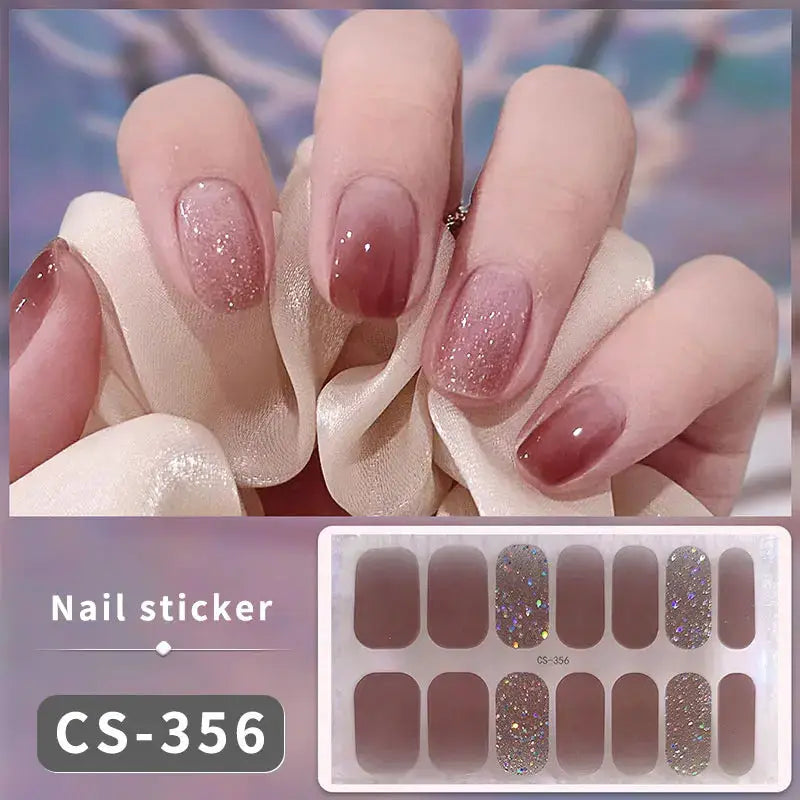 Nail stickers CS-356 by Simples Market; 14/16-tip full-cover press-on nails in pink gradient glitter