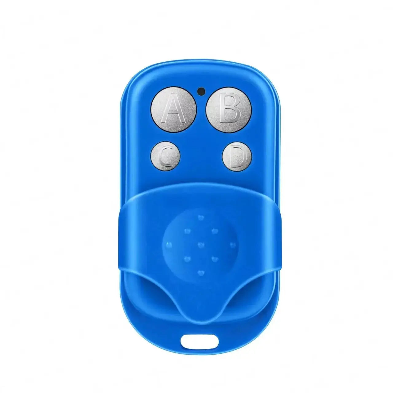 Blue universal garage door opener remote with four silver buttons labeled A B C D