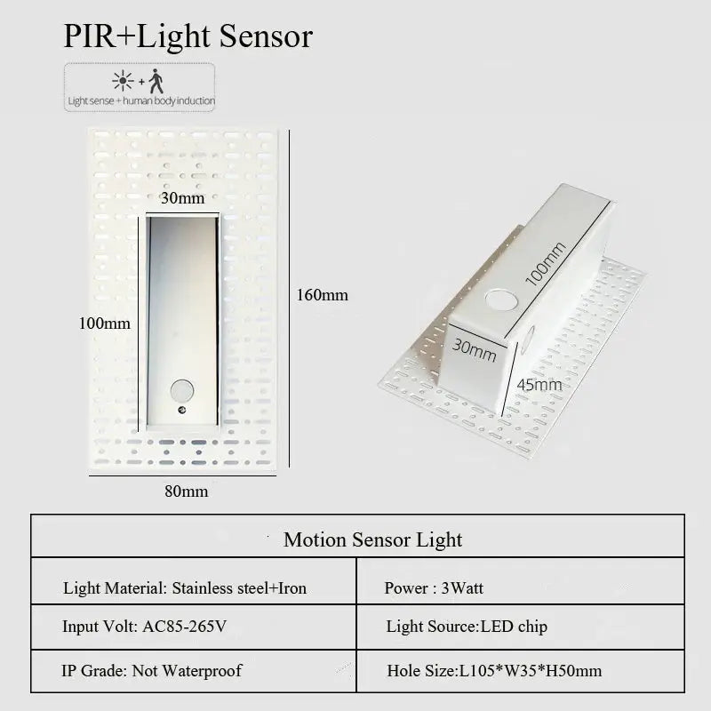 Embedded Frameless LED Step Wall Lamp with motion sensor, stainless steel and iron, by Simples Market, 3W, 100-240V
