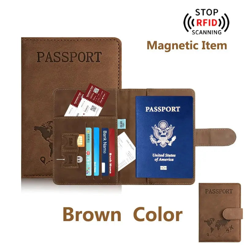 Brown leather passport holders with card slots and blue passport; two travel wallet covers.