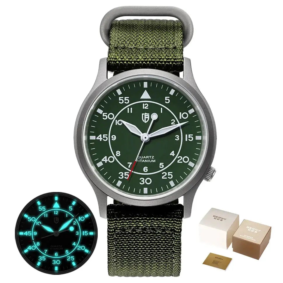 BERNY titanium watch for men with green dial and green fabric strap; glow-in-the-dark dial inset and packaging boxes