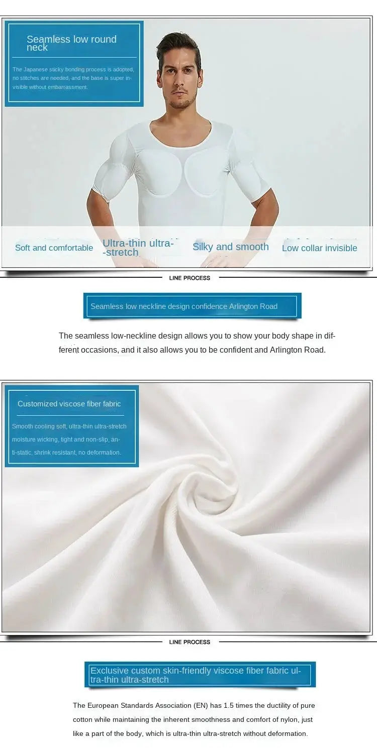 Men's body shaper undershirt with ABS muscle pads, white seamless low-neck top by Simples Market