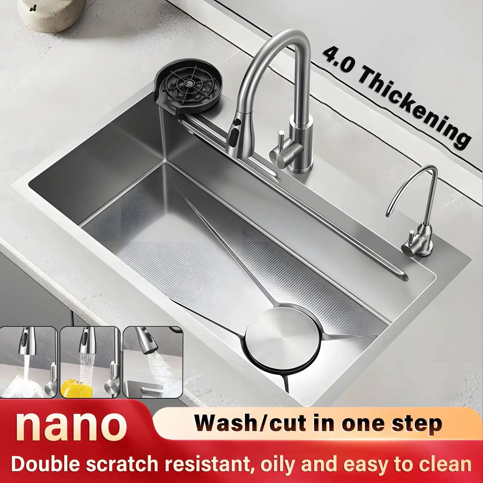 304 stainless steel kitchen sink by Simples Market with large single-bowl and gooseneck faucet.