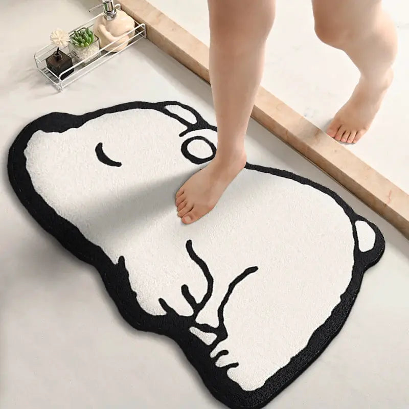Simples Market Snoopy-shaped bathroom mat, thick white flannel with black edging, non-slip absorbent bath rug