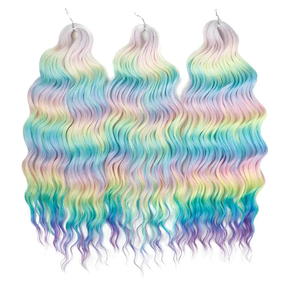 Anna Hair synthetic deep-wave braiding extensions, 24in, ombre pastel rainbow, 3 bundles