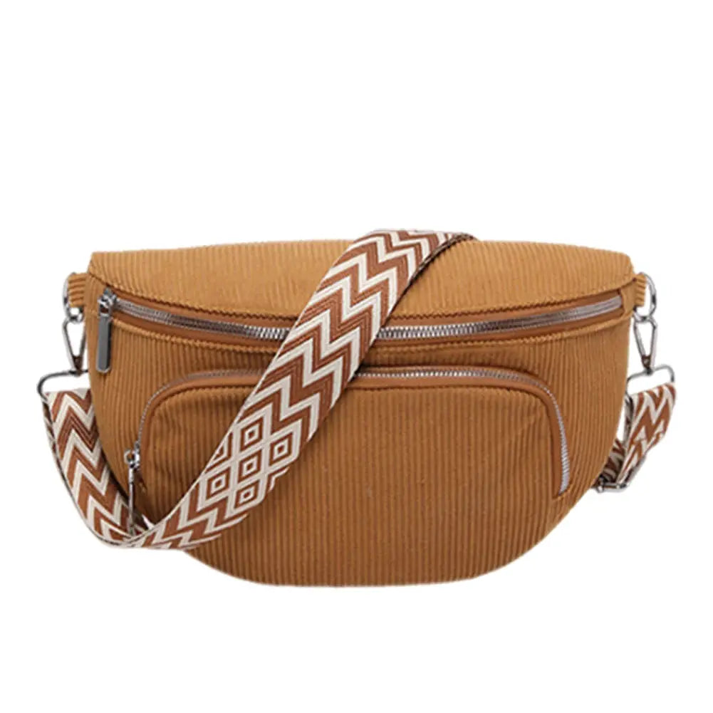 Corduroy chest bag fanny pack with wide guitar-strap, tan color, multiple zip pockets, outdoor travel waist bag.