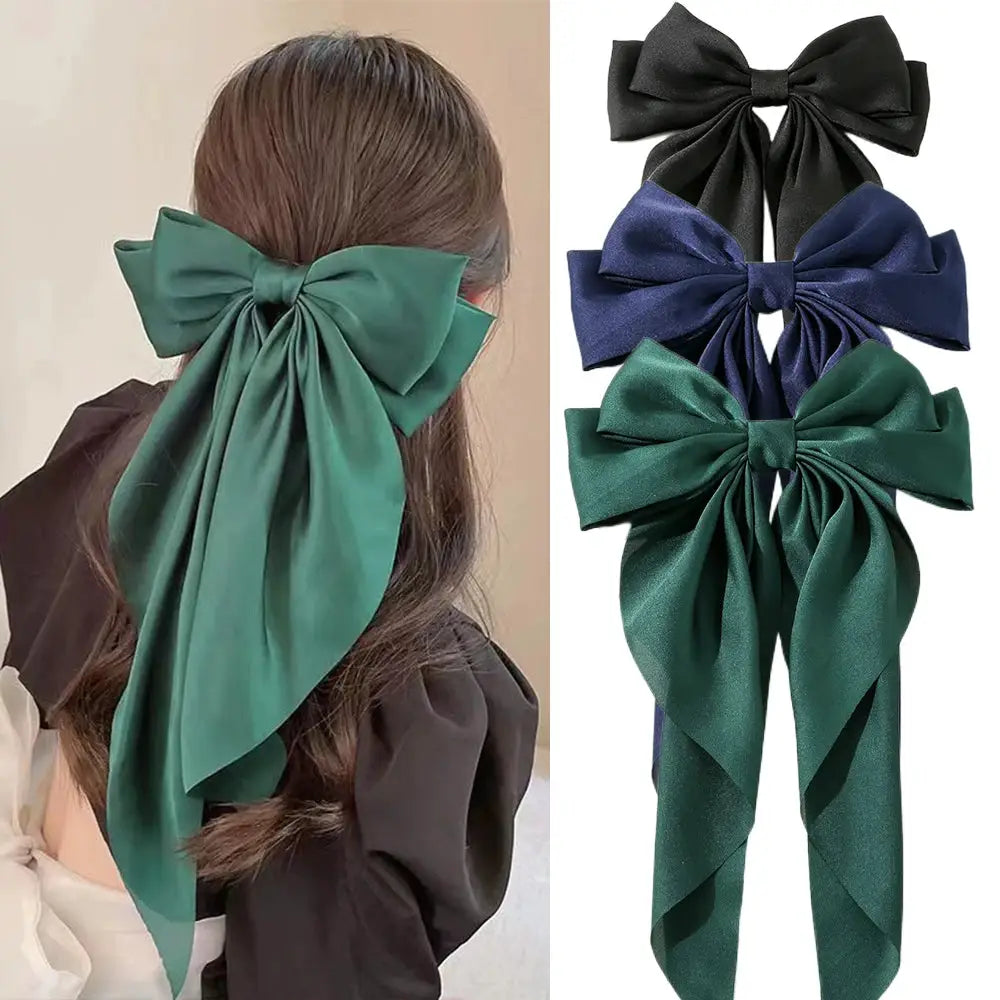 Korean Satin Bowknot Hair Clip For Women And Girls Long Ribbon Solid Color Barrette Hair Accessory