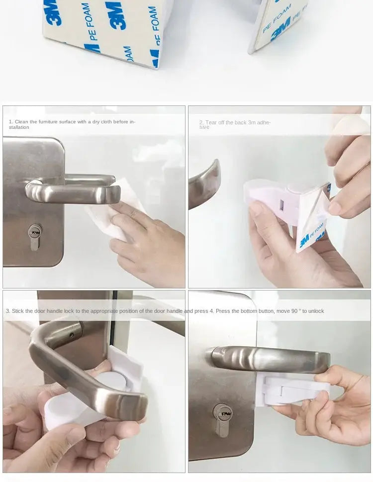 Universal door lever safety lock with adhesive latch; white plastic body and metal lever