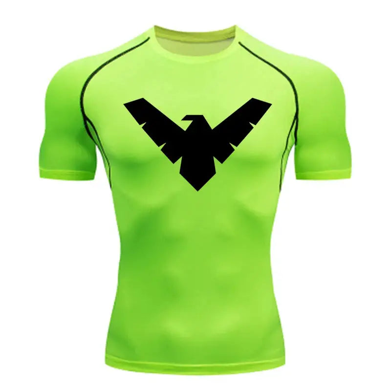 Men's neon green short-sleeve compression athletic shirt with black chest logo and piping