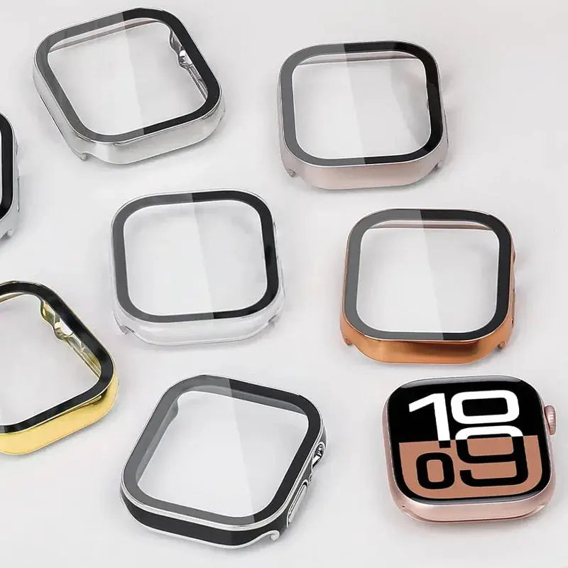 Screen protector bumper set for Apple Watch by Simples Market; 46/42/44mm, tempered glass PC frames, assorted colors