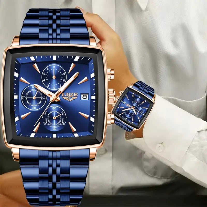 Relógio masculino LIGE azul, caixa quadrada em aço inox, pulseira azul, cronógrafo com janela de data