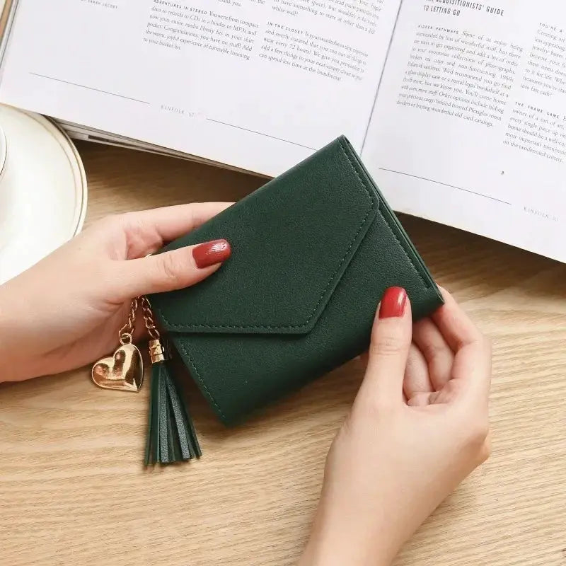 Fashion short women's PU leather wallet in dark green with tassel and heart charm