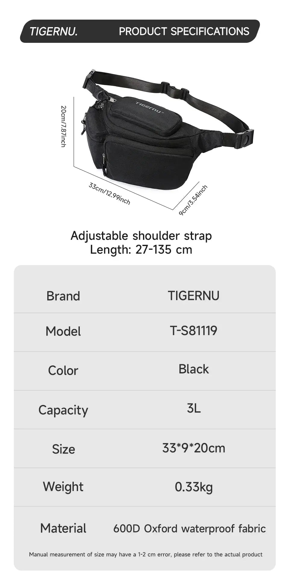 Tigernu black chest bag with adjustable strap, 3L capacity, 600D Oxford waterproof fabric.