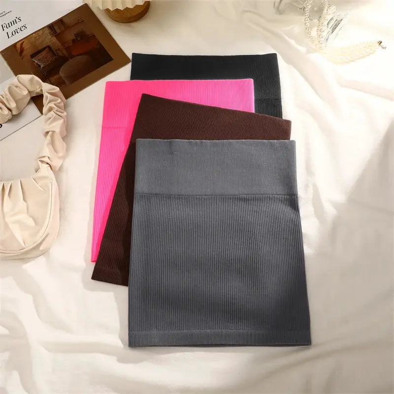 Women ribbed high-waist mini skirts, 5-color set: gray, brown, hot pink, black, navy; soft stretchy fabric