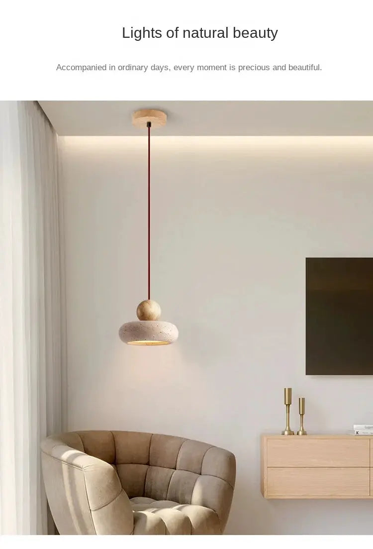Vintage pendant light with natural yellow agate stone, red cord, warm glow by Simples Market