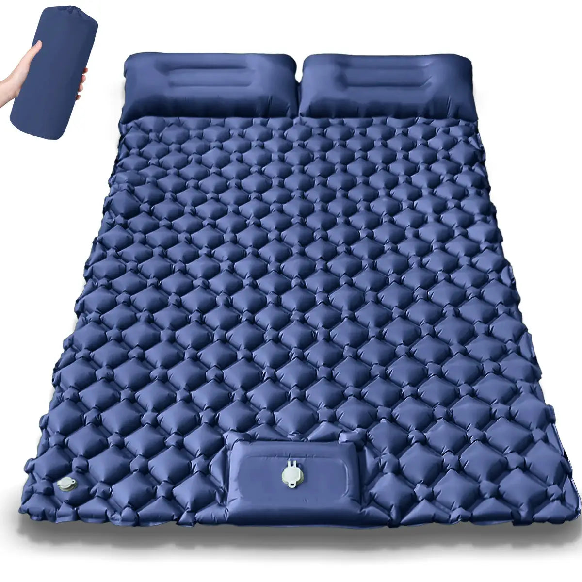 Simples Market navy blue outdoor camping double inflatable mattress with quilted surface and two head pillows