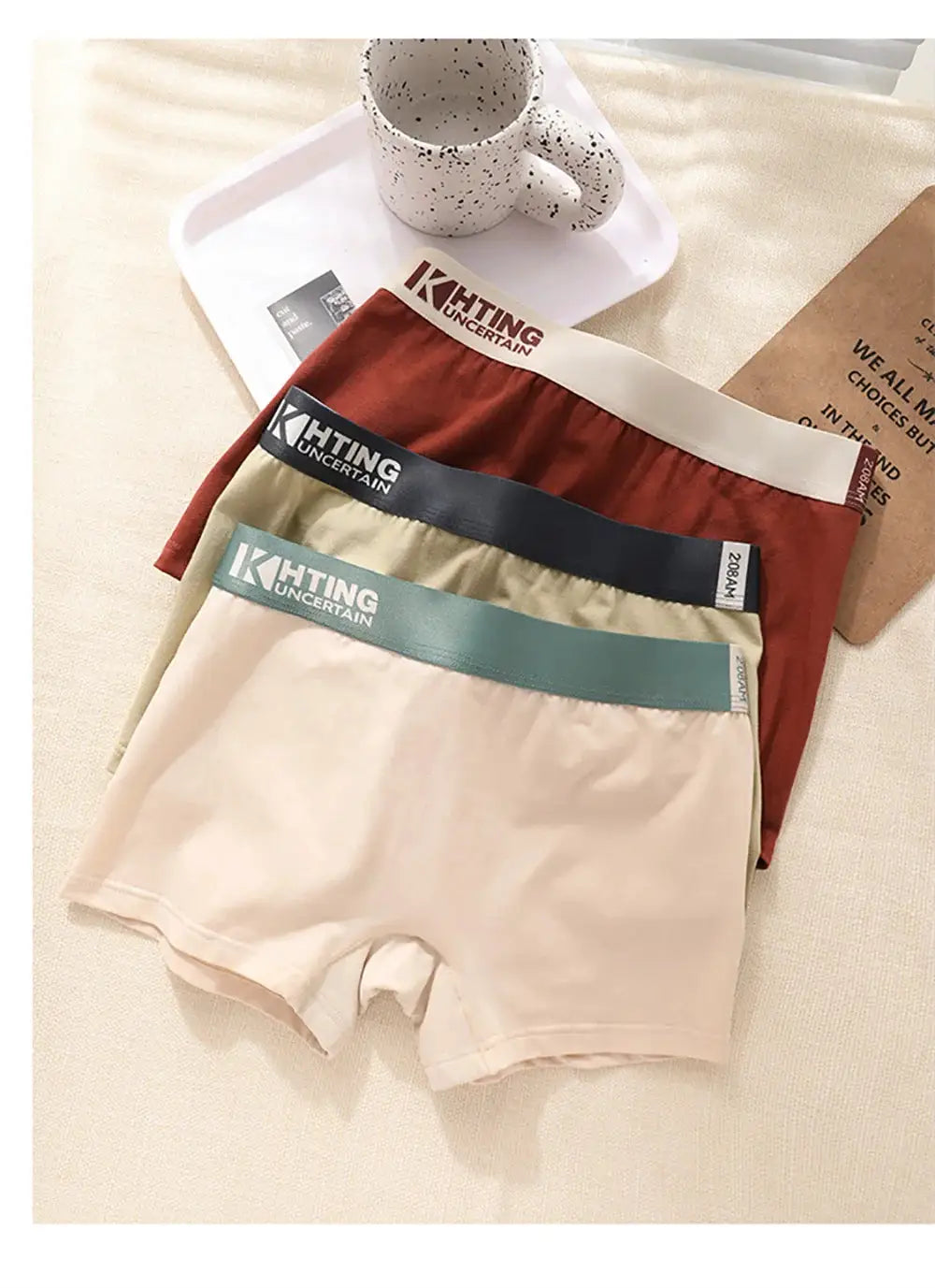 Women's cotton panties, 4-pack with breathable antibacterial fabric and high-elastic waistband; beige, green, brown