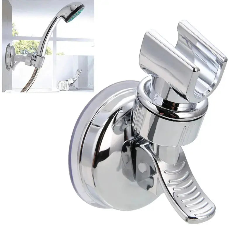 Universal manual suction-cup shower bracket in chrome with an adjustable shower head holder.