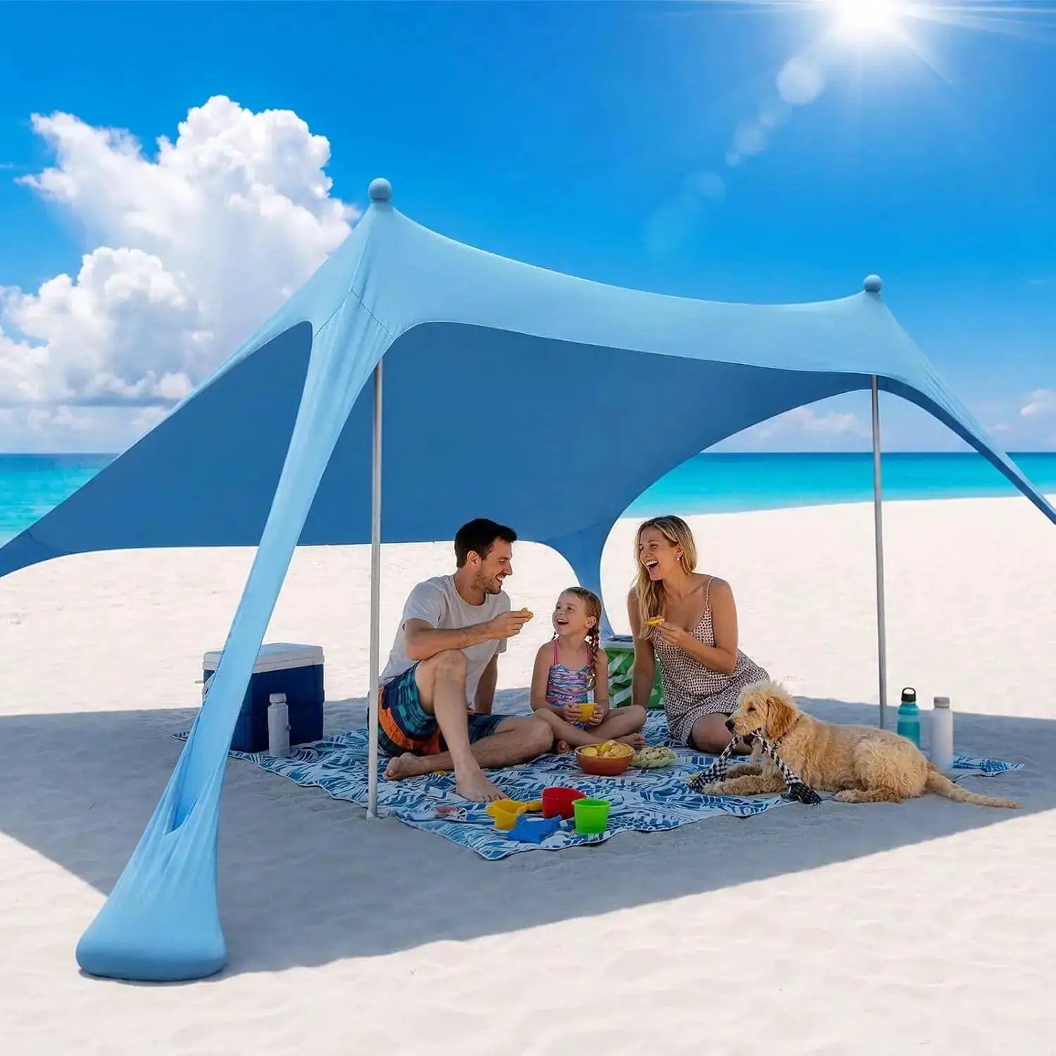 Camping tent windproof pop-up beach canopy in blue by Simples Market, UV shade for beach picnics