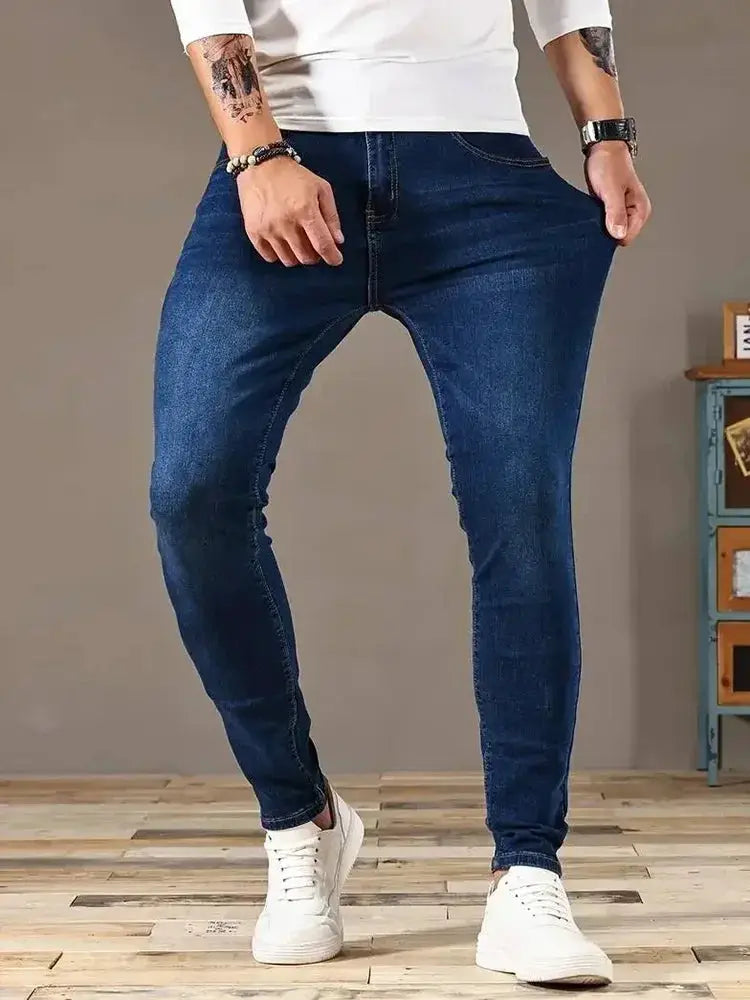 Men's stretch skinny denim jeans in blue, slim-fit casual trousers