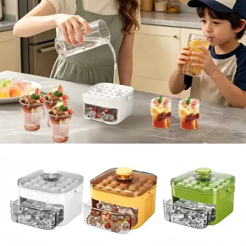 50-grid press-type ice cube mold with lid, double-layer design; three color variants shown: white, orange, green