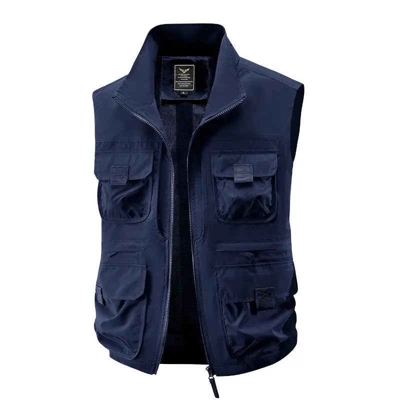 Men's outdoor multi-pocket fishing vest by Simples Market, navy blue, breathable quick-dry fabric